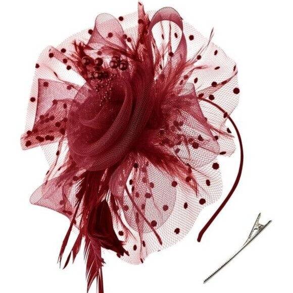 Accessories - Fascinators Hat Flower Mesh Ribbons Burgundy